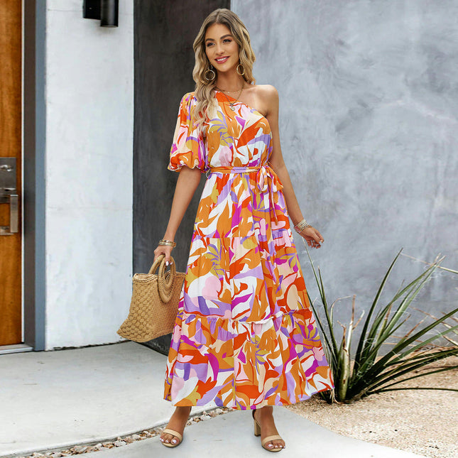 Women's Floral Maxi Dress One Shoulder Short Sleeve Tie Ruffle Flowy Boho Dresses