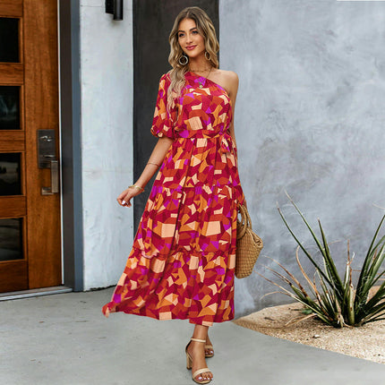 Women's Floral Maxi Dress One Shoulder Short Sleeve Tie Ruffle Flowy Boho Dresses