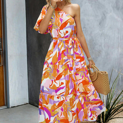 Women's Floral Maxi Dress One Shoulder Short Sleeve Tie Ruffle Flowy Boho Dresses