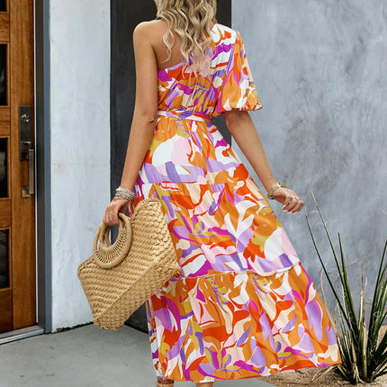 Women's Floral Maxi Dress One Shoulder Short Sleeve Tie Ruffle Flowy Boho Dresses