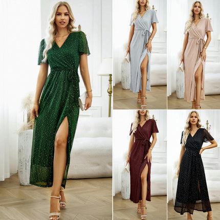 Women's Shimmery Formal Dress V Neck Sequins A-Line Side Slit Elegant Long Evening Dresses