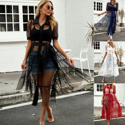 Women's Mesh Short Sleeve Button Down Shirt Dress See Through Cover Up Maxi Dresses with Belt