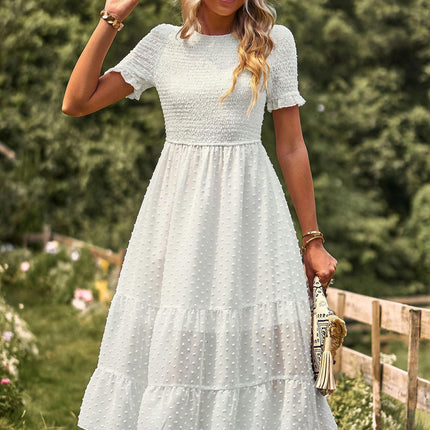 Womens Dresses Boho Short Sleeve Crew Neck Swiss Dot Ruffle Tiered Smocked Midi Dresses