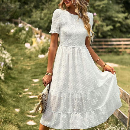 Womens Dresses Boho Short Sleeve Crew Neck Swiss Dot Ruffle Tiered Smocked Midi Dresses