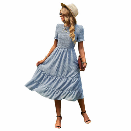 Womens Dresses Boho Short Sleeve Crew Neck Swiss Dot Ruffle Tiered Smocked Midi Dresses