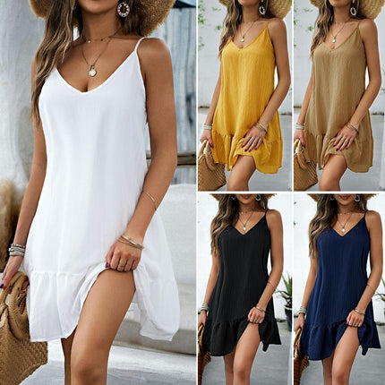 Women's Summer Spaghetti Straps Mini Dress V Neck Sleeveless Ruffle Dress