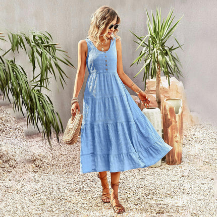 Women's Long Dresses U Neck Sleeveless Boho Summer Beach Flowy Maxi Dress