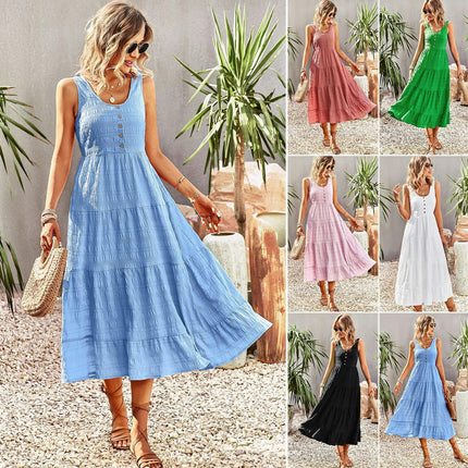 Women's Long Dresses U Neck Sleeveless Boho Summer Beach Flowy Maxi Dress