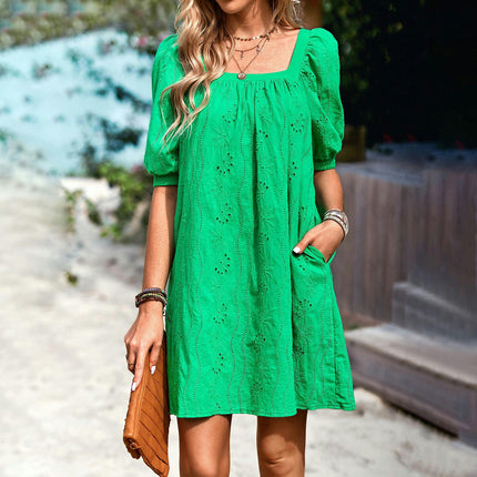 Women's Summer Casual Dresses Puff Short Sleeve Square Neck Loose Mini Dress