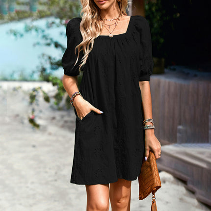 Women's Summer Casual Dresses Puff Short Sleeve Square Neck Loose Mini Dress