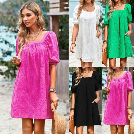 Women's Summer Casual Dresses Puff Short Sleeve Square Neck Loose Mini Dress