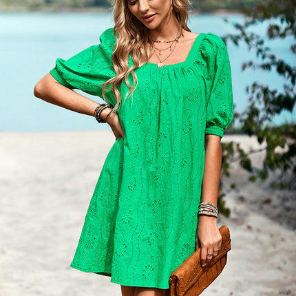 Women's Summer Casual Dresses Puff Short Sleeve Square Neck Loose Mini Dress