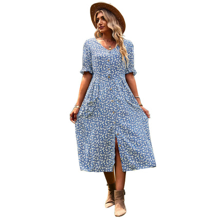 Women's Boho Short Sleeve V Neck Button Down Midi Dress High Waist Beach Dresses