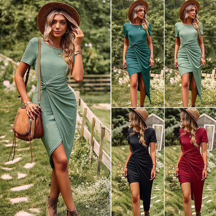 Women's Crew Neck Short Sleeve Ruched Midi Dress Casual Twist Front Split Bodycon Dress