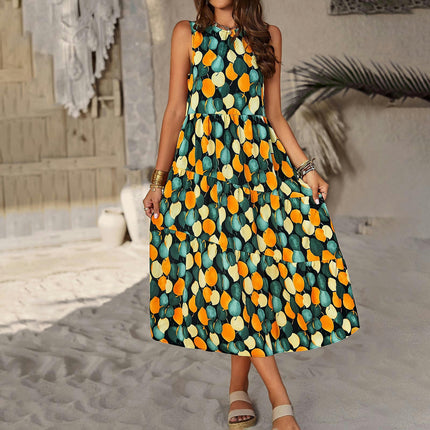 Women's Summer Casual Boho Dresses Sleeveless Crew Neck Tiered Beach Midi Dress