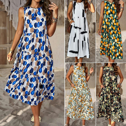 Women's Summer Casual Boho Dresses Sleeveless Crew Neck Tiered Beach Midi Dress