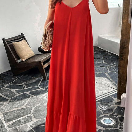 Women Summer Dresses Spaghetti Strap V Neck Backless Ruffle Flowy Boho Maxi Dress