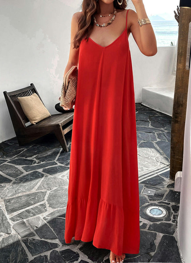 Women Summer Dresses Spaghetti Strap V Neck Backless Ruffle Flowy Boho Maxi Dress