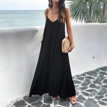 Women Summer Dresses Spaghetti Strap V Neck Backless Ruffle Flowy Boho Maxi Dress