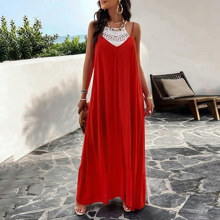 Women Summer Dresses Spaghetti Strap V Neck Backless Ruffle Flowy Boho Maxi Dress