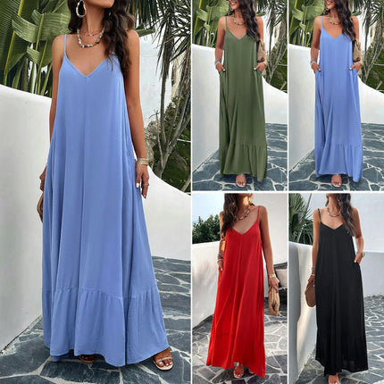 Women Summer Dresses Spaghetti Strap V Neck Backless Ruffle Flowy Boho Maxi Dress