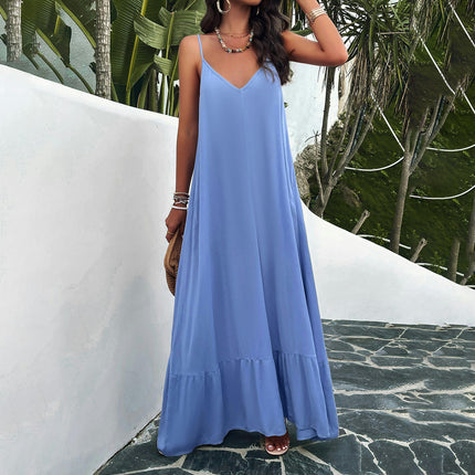 Women Summer Dresses Spaghetti Strap V Neck Backless Ruffle Flowy Boho Maxi Dress