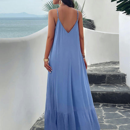 Women Summer Dresses Spaghetti Strap V Neck Backless Ruffle Flowy Boho Maxi Dress