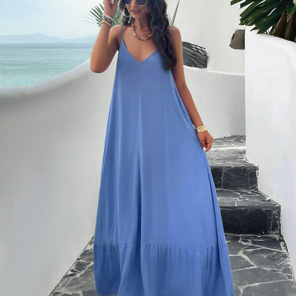 Women Summer Dresses Spaghetti Strap V Neck Backless Ruffle Flowy Boho Maxi Dress