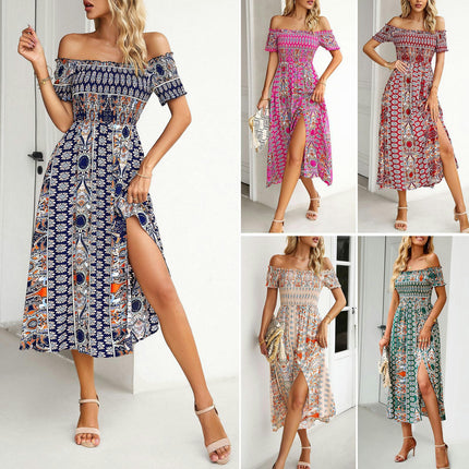 Womens Summer Boho Floral Dress Short Sleeve Off Shoulder Split Flowy Midi Dresses