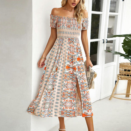 Womens Summer Boho Floral Dress Short Sleeve Off Shoulder Split Flowy Midi Dresses