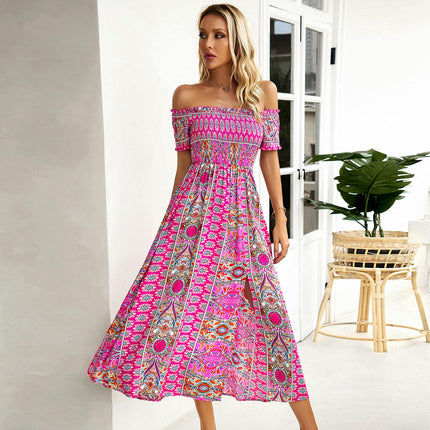 Womens Summer Boho Floral Dress Short Sleeve Off Shoulder Split Flowy Midi Dresses