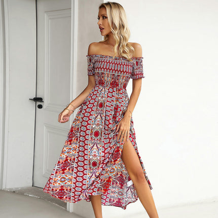 Womens Summer Boho Floral Dress Short Sleeve Off Shoulder Split Flowy Midi Dresses