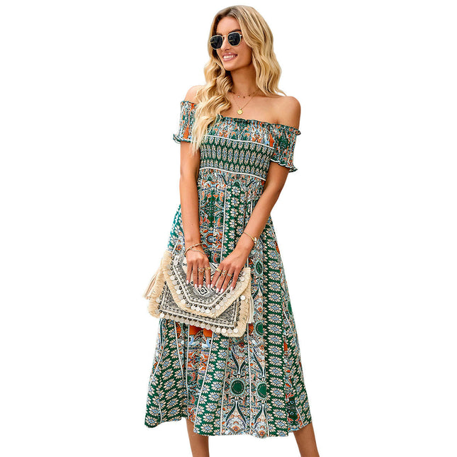 Womens Summer Boho Floral Dress Short Sleeve Off Shoulder Split Flowy Midi Dresses