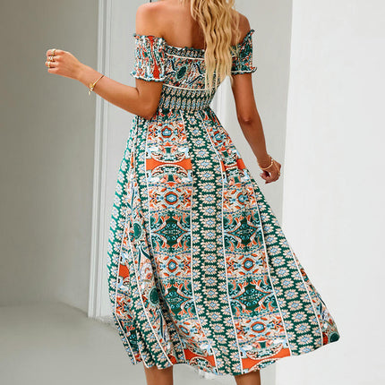 Womens Summer Boho Floral Dress Short Sleeve Off Shoulder Split Flowy Midi Dresses