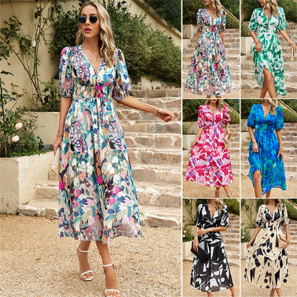 Women's Summer Floral Dress V Neck Puffy Short Sleeve High Waist Flowy Midi Dresses