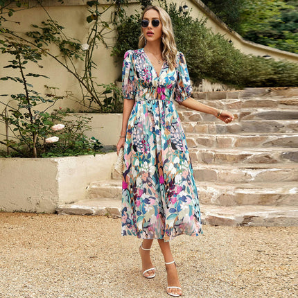 Women's Summer Floral Dress V Neck Puffy Short Sleeve High Waist Flowy Midi Dresses