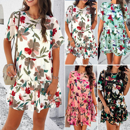 Women's Summer Short Sleeve Floral Dress Crewneck Ruffle Flowy Swing Mini Dress