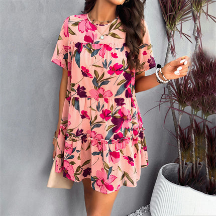 Women's Summer Short Sleeve Floral Dress Crewneck Ruffle Flowy Swing Mini Dress