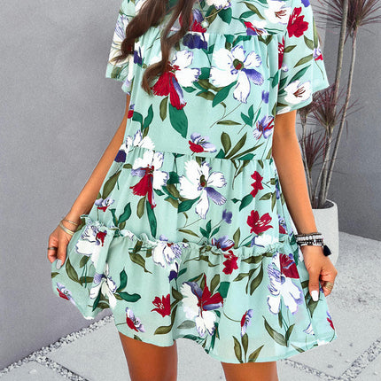 Women's Summer Short Sleeve Floral Dress Crewneck Ruffle Flowy Swing Mini Dress