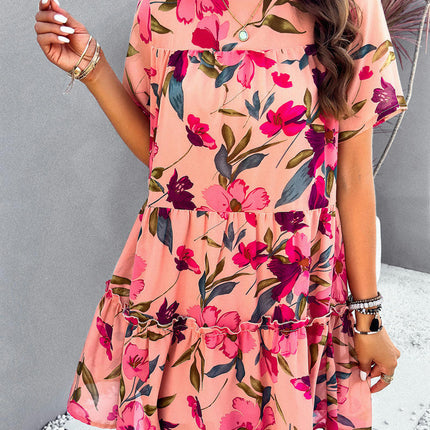 Women's Summer Short Sleeve Floral Dress Crewneck Ruffle Flowy Swing Mini Dress