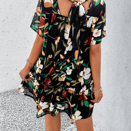 Women's Summer Short Sleeve Floral Dress Crewneck Ruffle Flowy Swing Mini Dress