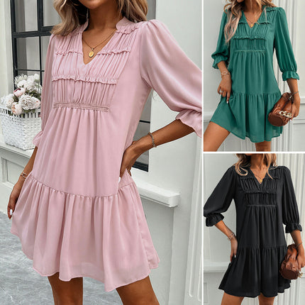 Womens Summer Ruched Mini Dress V Neck 3/4 Sleeve Boho Ruffle Flowy Dress