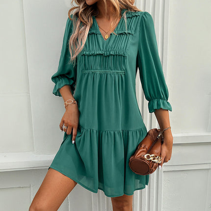 Womens Summer Ruched Mini Dress V Neck 3/4 Sleeve Boho Ruffle Flowy Dress