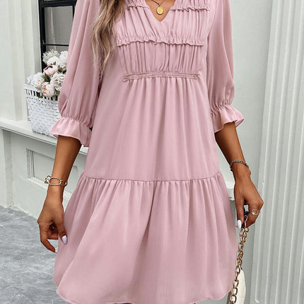 Womens Summer Ruched Mini Dress V Neck 3/4 Sleeve Boho Ruffle Flowy Dress