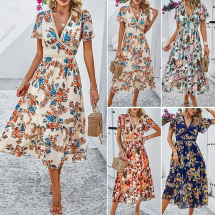 Women Summer Floral Midi Dress Short Sleeve V Neck Ruffle Flowy Boho Dresses