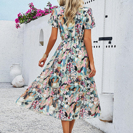 Women Summer Floral Midi Dress Short Sleeve V Neck Ruffle Flowy Boho Dresses