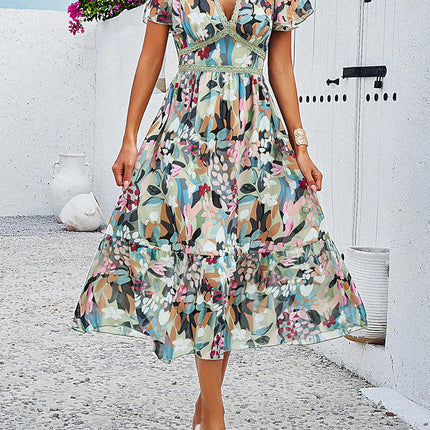 Women Summer Floral Midi Dress Short Sleeve V Neck Ruffle Flowy Boho Dresses