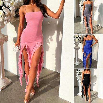 Women Summer Dresses Spaghetti Strap Sleeveless Bodycon Split Ruffle Midi Dress