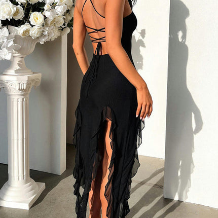 Women Summer Dresses Spaghetti Strap Sleeveless Bodycon Split Ruffle Midi Dress