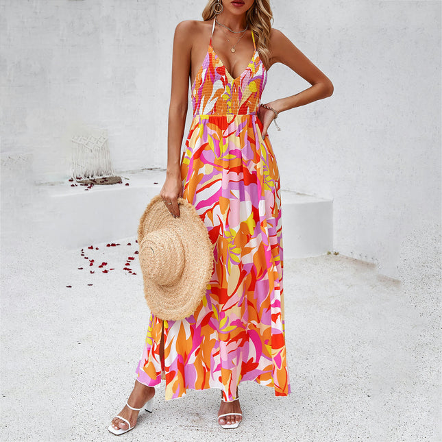 Women's Summer Sleeveless Halter V Neck Boho Long Dress Backless  Flowy Maxi Dresses